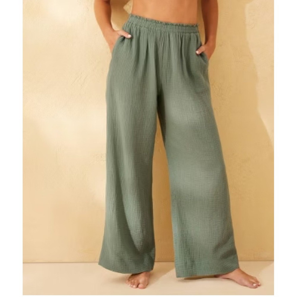 Shade & Shorte Gauze Swim Cover Up Pants Sz L Green Wide Leg Pockets Pull On NWT